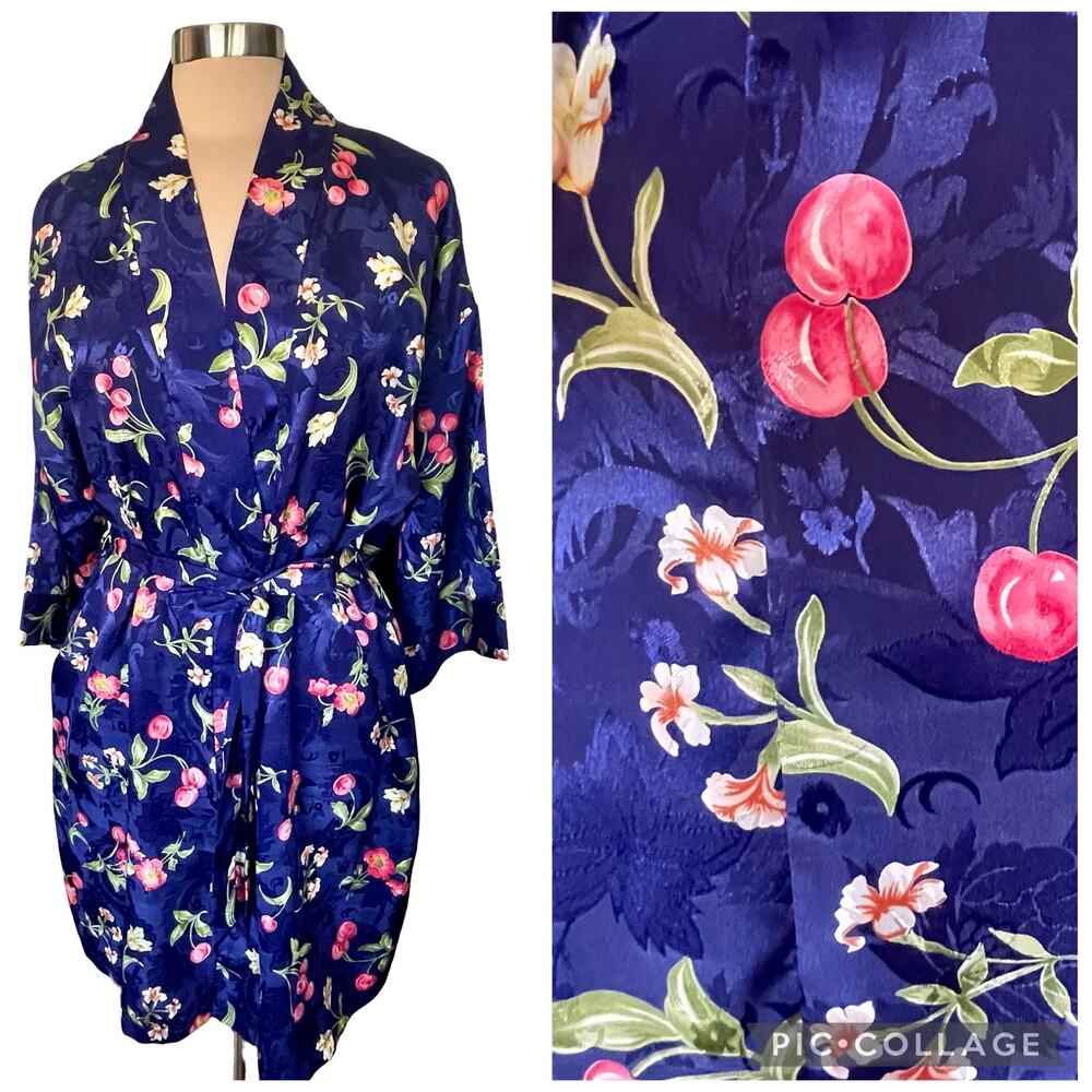 Vintage Kathryn Short Satin Robe Blue Cherries & Blossoms Sz L Tie Belt Novelty